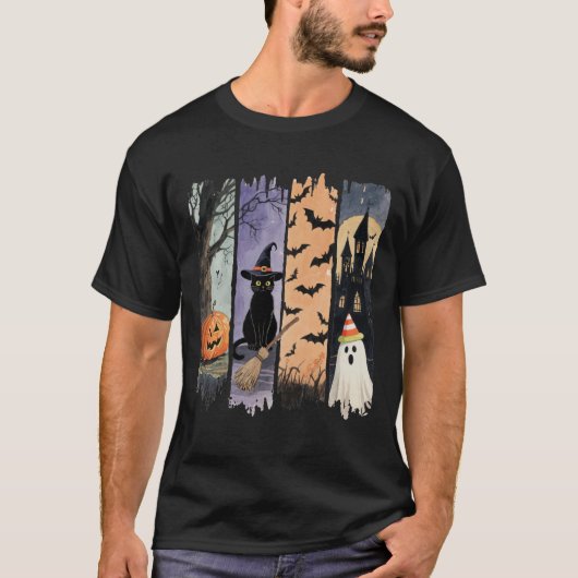 Black Cat, Ghost, Pumpkin, Bats & Haunted House Tシャツ (正面)