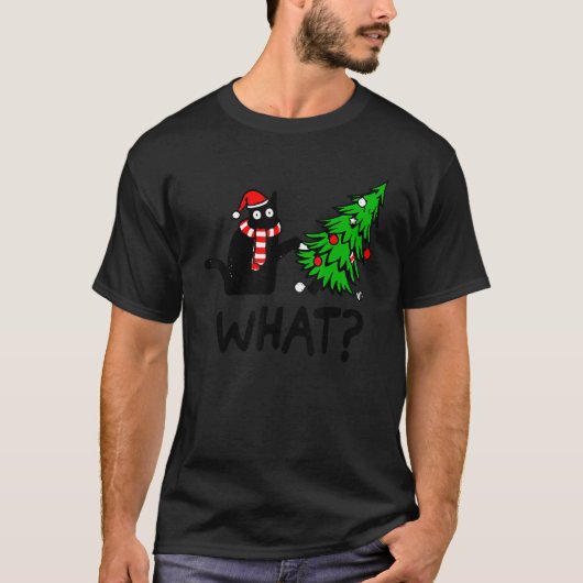 Black Cat Gift Pushing Christmas Tree Over Cat Wha Tシャツ (正面)
