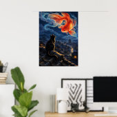 Black Cat Goldfish Japanese Fantasy Art Poster ポスター (ホームオフィス)