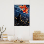 Black Cat Goldfish Japanese Fantasy Art Poster ポスター (キッチン)