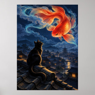 Black Cat Goldfish Japanese Fantasy Art Poster ポスター