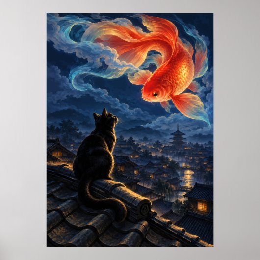 Black Cat Goldfish Japanese Fantasy Art Poster ポスター (正面)