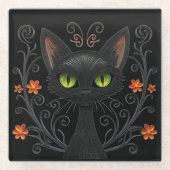 Black Cat Green Eyes Filigree Design ガラスコースター (正面)