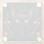 Black Cat Green Eyes Filigree Design ガラスコースター (裏面)