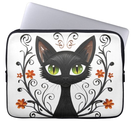  Black Cat Green Eyes Filigree Design laptop case ラップトップスリーブ (正面)