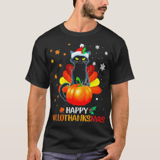 Black Cat Halloween And Merry Christmas Happy Tシャツ