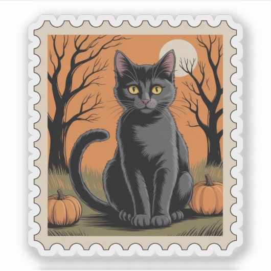 Black Cat Halloween Postage Stamp シール (正面)