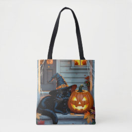 Black Cat Halloween Pumpkin Carving Party トートバッグ