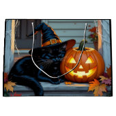 Black Cat Halloween Pumpkin Carving Party ラージペーパーバッグ (正面)