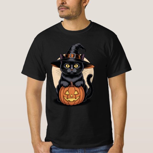 Black Cat Halloween Pumpkin Tシャツ (正面)