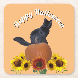 Black Cat Halloween Sunflowers Pumpkins Orange スクエアペーパーコースター