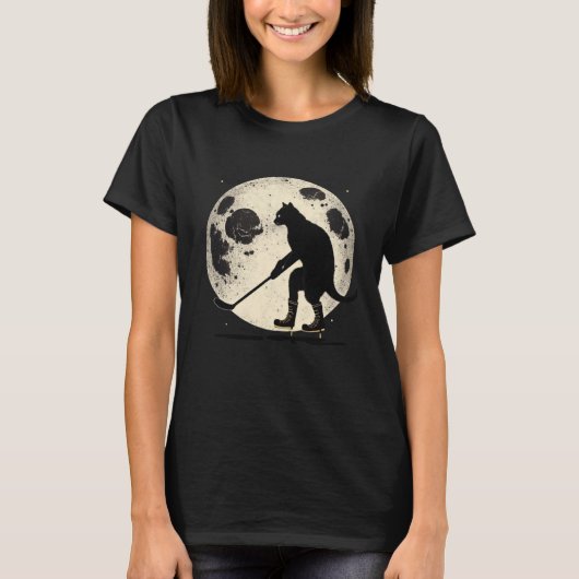 Black Cat Hockey Moon Graphic Tees Men Women Boys Tシャツ (正面)