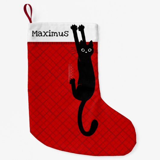 Black Cat Holding On Funny Christmas Stocking スモールクリスマスストッキング (正面)