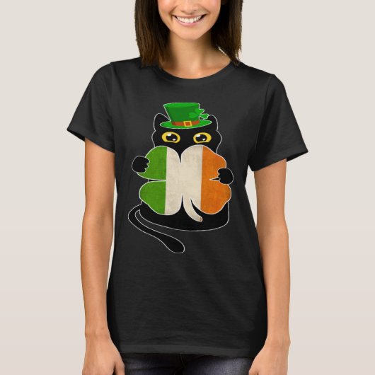 Black Cat Holding Shamrock Irish Flag St Patricks Tシャツ (正面)