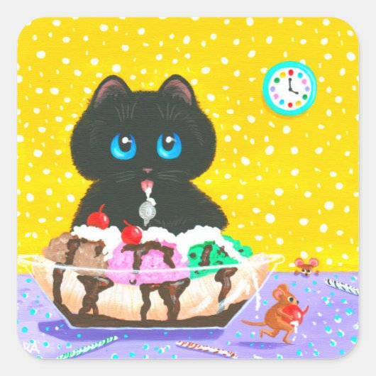 Black Cat Ice Cream Creationarts Square Sticker スクエアシール (正面)