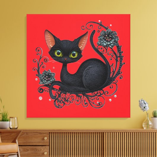 Black Cat in a Flower Cradle  キャンバスプリント (インサイチュ (リビング))