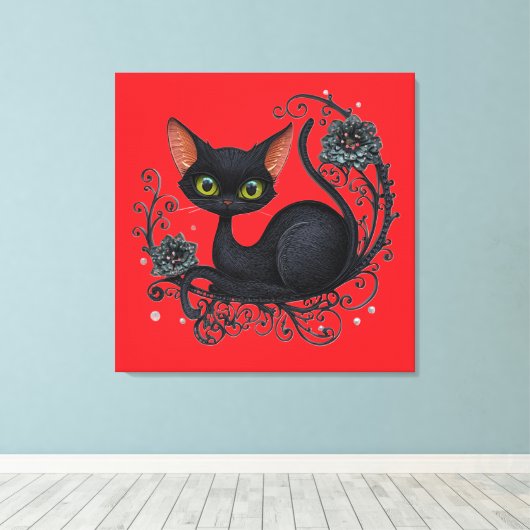 Black Cat in a Flower Cradle  キャンバスプリント (インサイチュ (ウッドフロア))