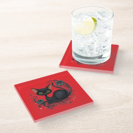 Black Cat in a Flower Cradle Coaster ガラスコースター (アングル)