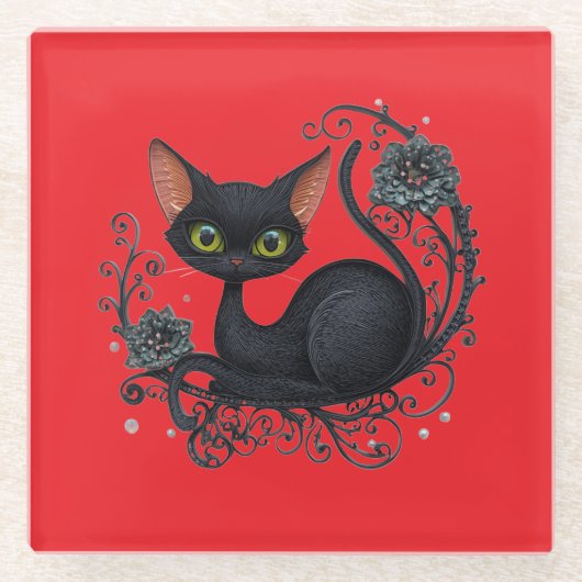 Black Cat in a Flower Cradle Coaster ガラスコースター (正面)
