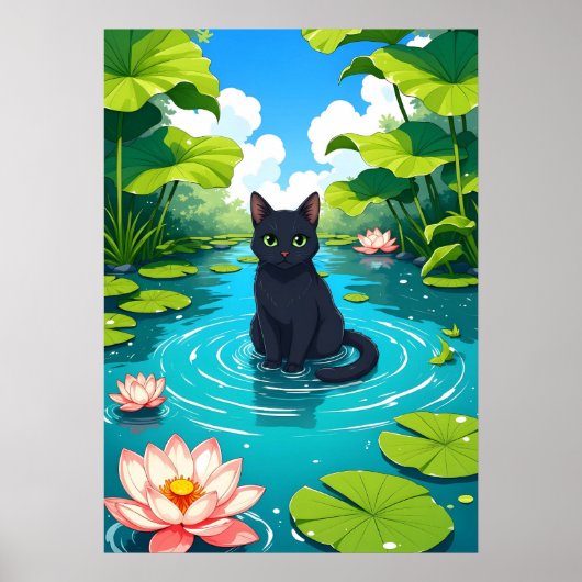 Black cat in a lily pond ポスター (正面)