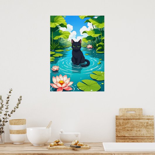 Black cat in a lily pond ポスター (キッチン)