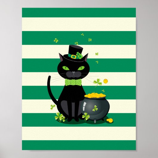 Black cat in bow tie and hat with green shamrock ポスター (正面)