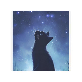 Black Cat in Magical Starlit Meadow メタルプリント
