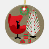 Black Cat in Mid Century Christmas Room セラミックオーナメント (正面)