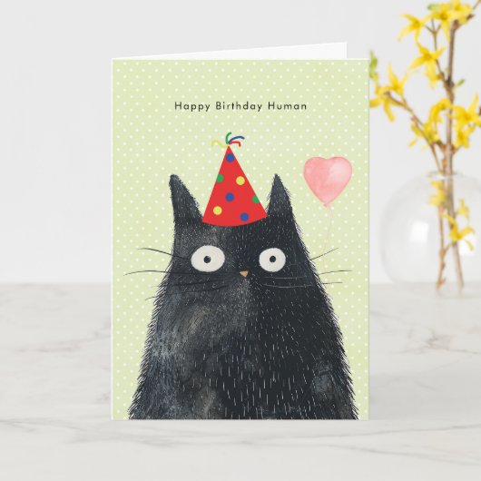 black cat in party hat funny birthday card カード (黄色い花)