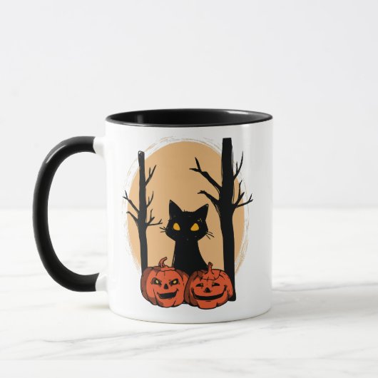 "Black Cat in Pumpkin Halloween Mug – Cute Spooky マグカップ (左)