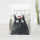 black cat in santa hat fun Holiday Christmas card カード (正面)