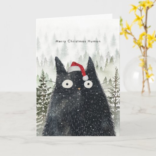 black cat in santa hat funny Christmas card カード (黄色い花)