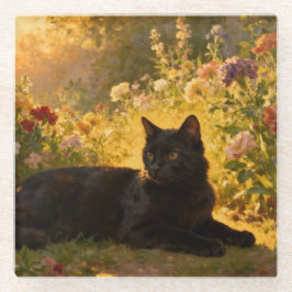 Black Cat in the Flowers I ガラスコースター