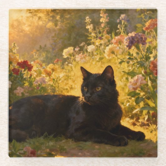 Black Cat in the Flowers I ガラスコースター (正面)