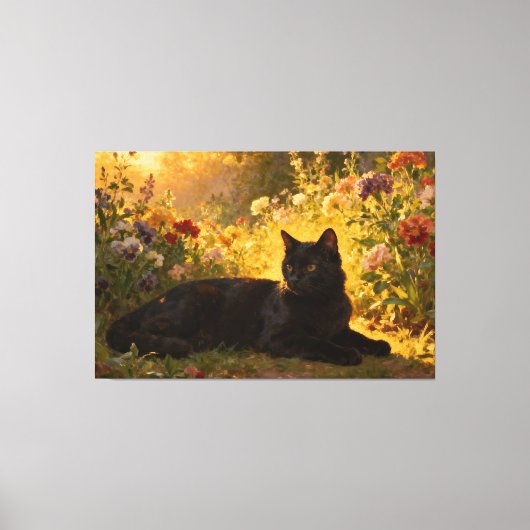 Black Cat in the Flowers I キャンバスプリント (正面)