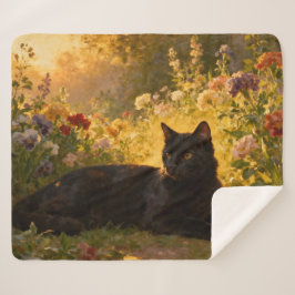 Black Cat in the Flowers I シェルパブランケット