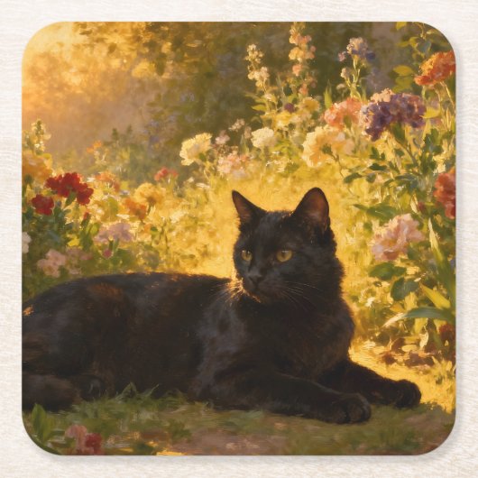 Black Cat in the Flowers I スクエアペーパーコースター (正面)