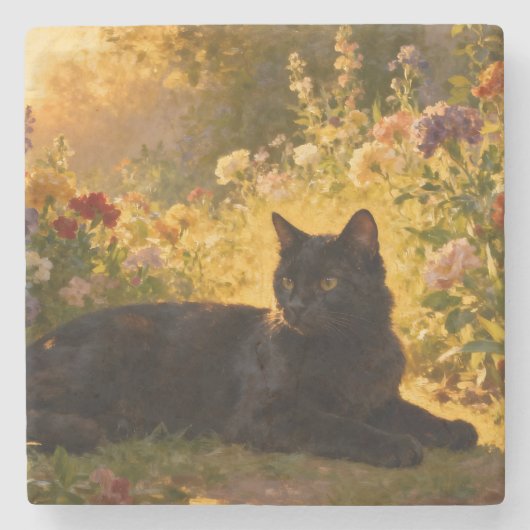 Black Cat in the Flowers I ストーンコースター (正面)