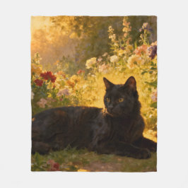 Black Cat in the Flowers I フリースブランケット