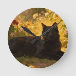 Black Cat in the Flowers I ラウンド壁時計