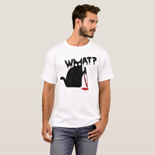 Black Cat Killer Ask What Halloween Knife Sarcasm Tシャツ (正面フル)