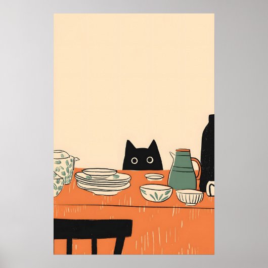 Black Cat Kitchen Print Mid-Century Modern Art ポスター (正面)