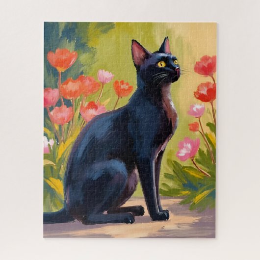 Black Cat | Kitten Pet Watercolor Flowers Painted ジグソーパズル (縦)