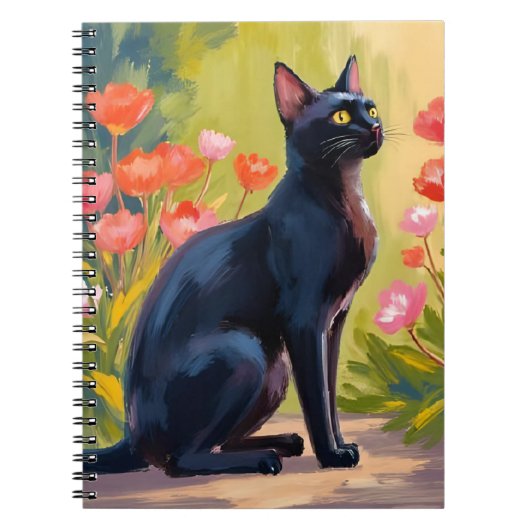 Black Cat | Kitten Pet Watercolor Flowers Painted ノートブック (正面)