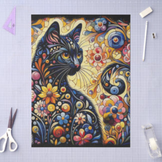 Black Cat Kitty Floral Whimsical Decoupage 薄葉紙