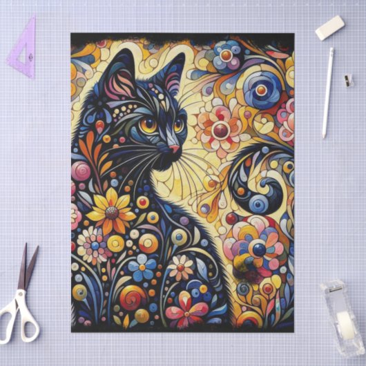 Black Cat Kitty Floral Whimsical Decoupage 薄葉紙 (クラフト)