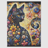 Black Cat Kitty Floral Whimsical Decoupage 薄葉紙 (正面)