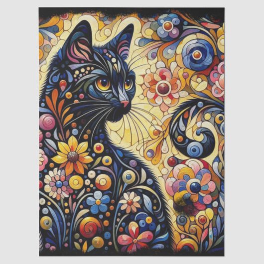 Black Cat Kitty Floral Whimsical Decoupage 薄葉紙 (正面)