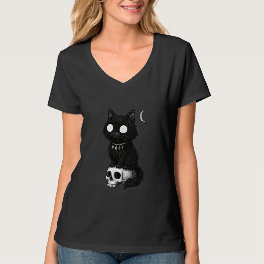 Black Cat Kitty Skull Creepy Cute Kawaii Goth Witc Tシャツ (正面)