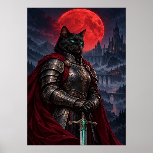 Black Cat Knight Dark Fantasy Art Poster ポスター (正面)
